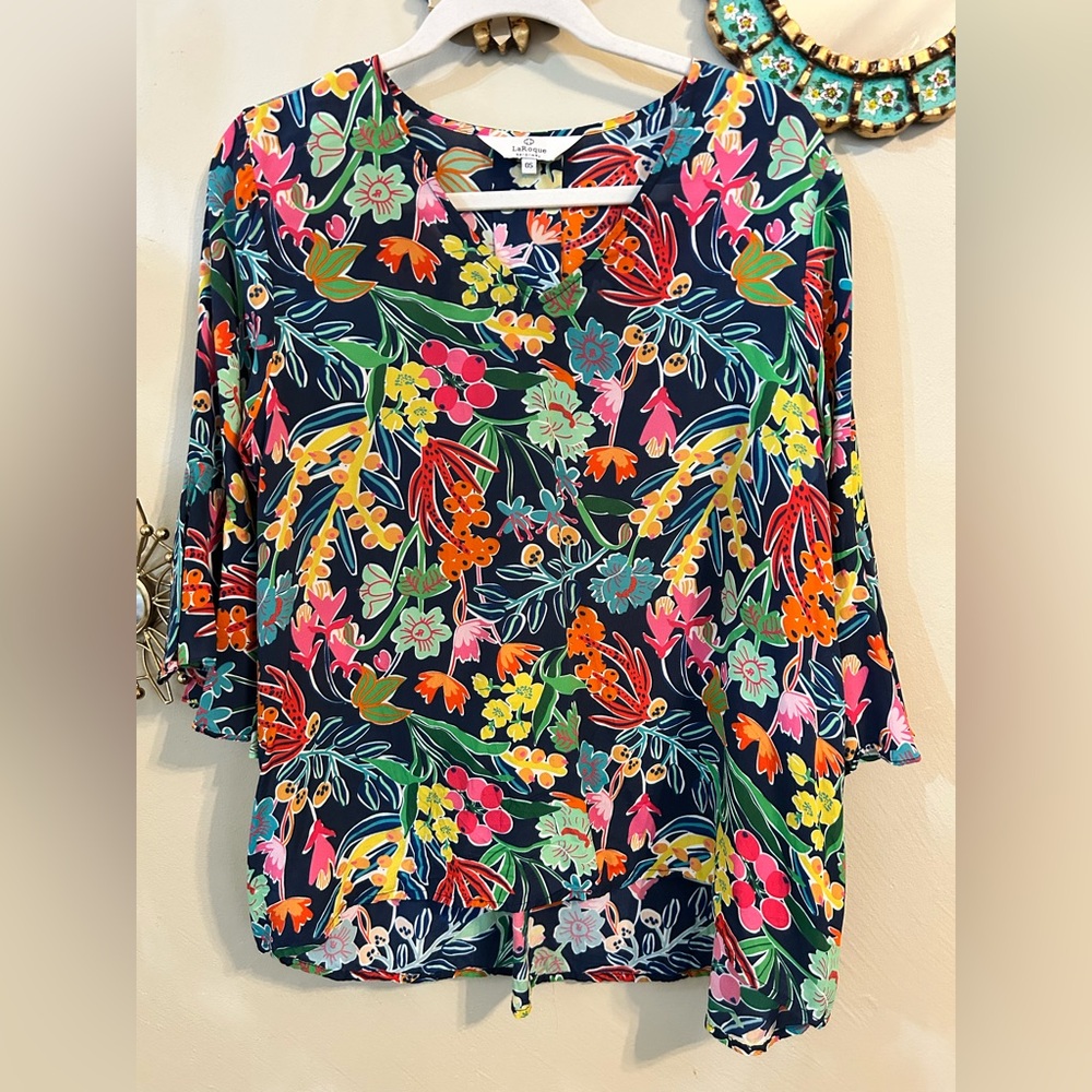 LaRoque Women’s Designer Silk Blend Floral 3/4 Flutter Sleeve Pleated Blouse OS